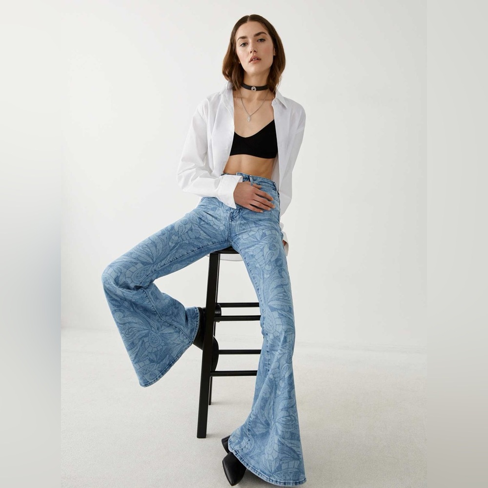 True Religion Blue Floral Flare Jeans